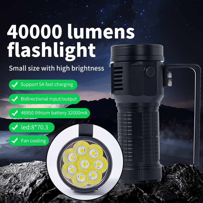 Shuolide 40000 Lumen Fan-Cooled Ultra-Bright Flashlight 46950 32000mAh High-Power Light