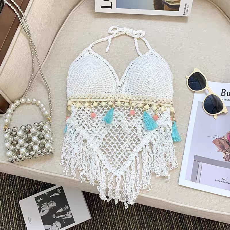 Woven Fringe Camisole Top for Women with Padded Cups, Short Backless Boho Summer Beach Vacation Sexy Bohemian Blouse