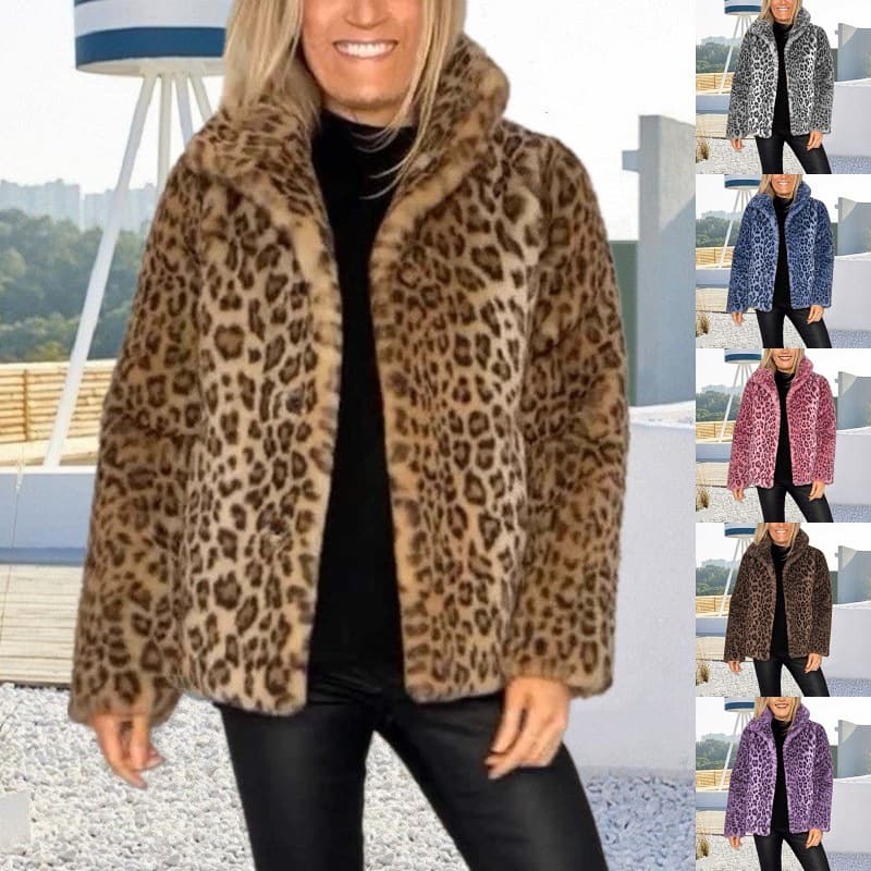 Winter New Export Women's Coat, Standalone Station, Popular Fashion Leopard Print Lapel Faux Fur Woolen Top, Standing Independently in Europe and America