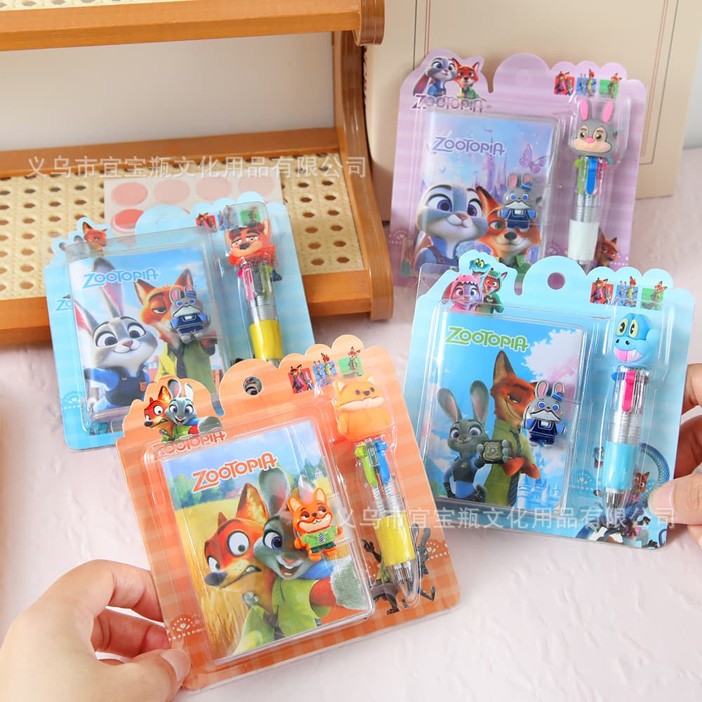 Cartoon Animal City Notebook with Pen Set, Student Portable Notepad, Soft Cover Plastic Sleeve Notebook, Four-Color Pen Combo