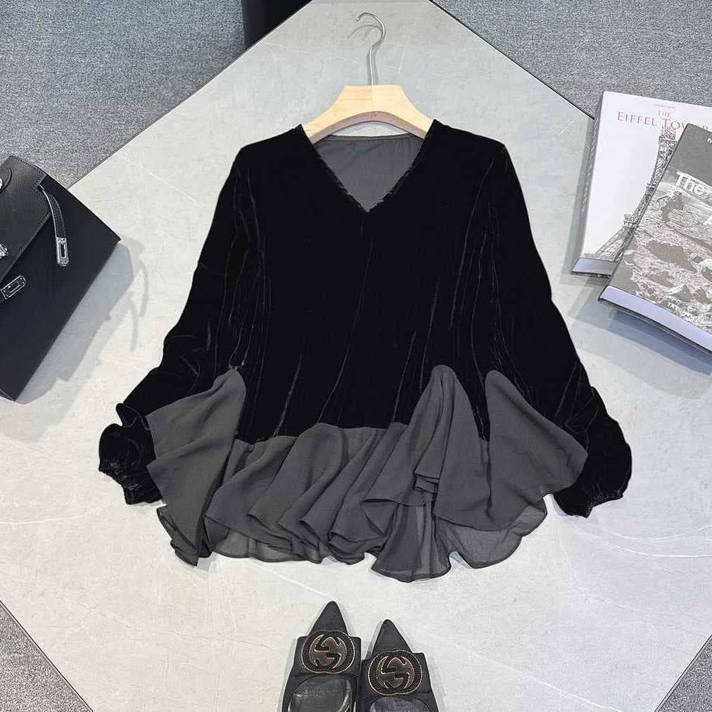 Chubby Girl Plus Size 150.00kg Fashion Spring and Autumn New Western Style Ruffled Long Sleeve T-Shirt Shirt Top Women's Clothing