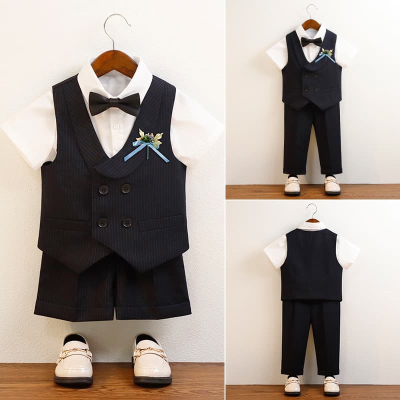 Children's Suit Spring Summer Fashion Striped Vest Short Sleeve Set Boys Host Performance Outfit Toddler Page Boy Formal Wear