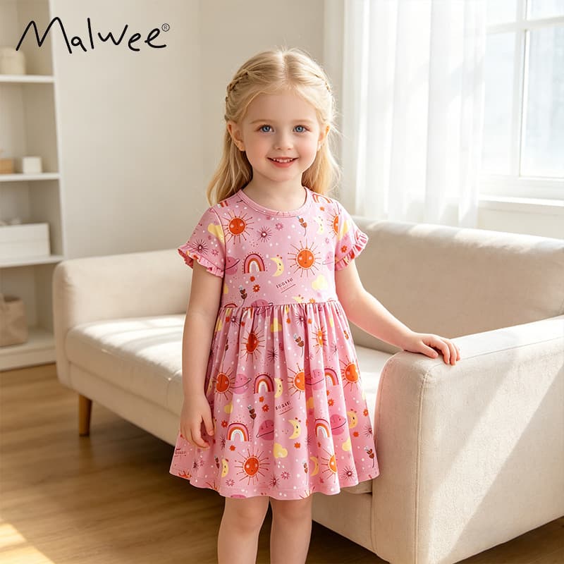 Cross-border Malwee New Girls' Dress Fresh European and American Style A-Line Dress for Girls 3-8 Years, Breathable and Comfortable