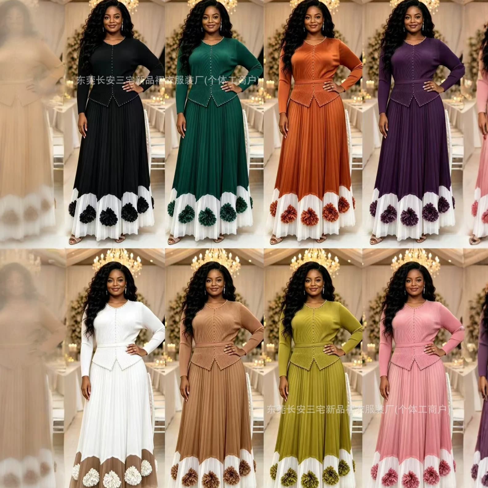 Miyake Plus Size Long Sleeve Dress Autumn New Solid Color Floral Patch Elegant Long Dress