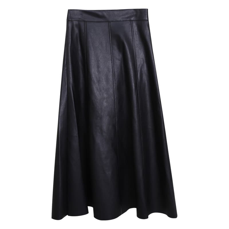 High-End PU Leather High-Waist Patchwork Midi Skirt with Elegant A-Line Flared Hem