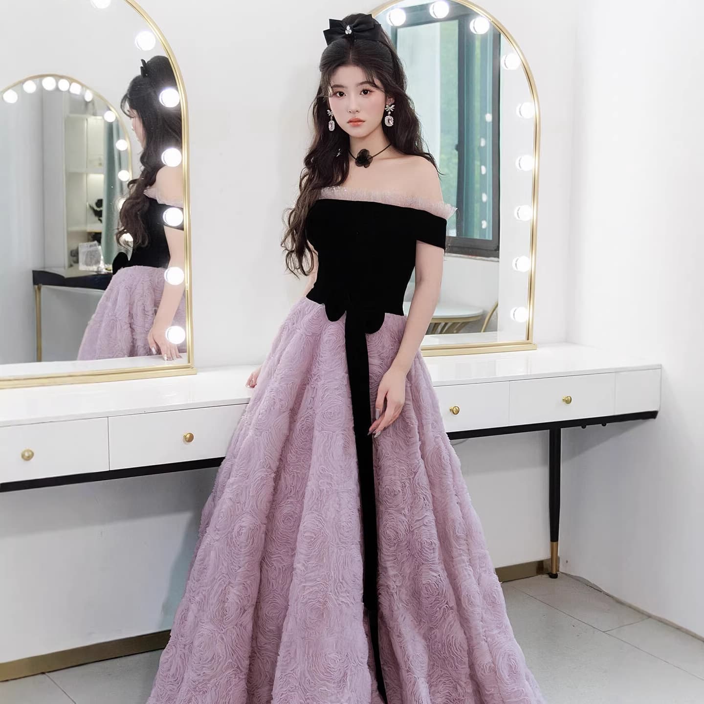 Foreign trade supply purple flowers one-shoulder bride toast dress art test adult ceremony European and American prom evening dress factory