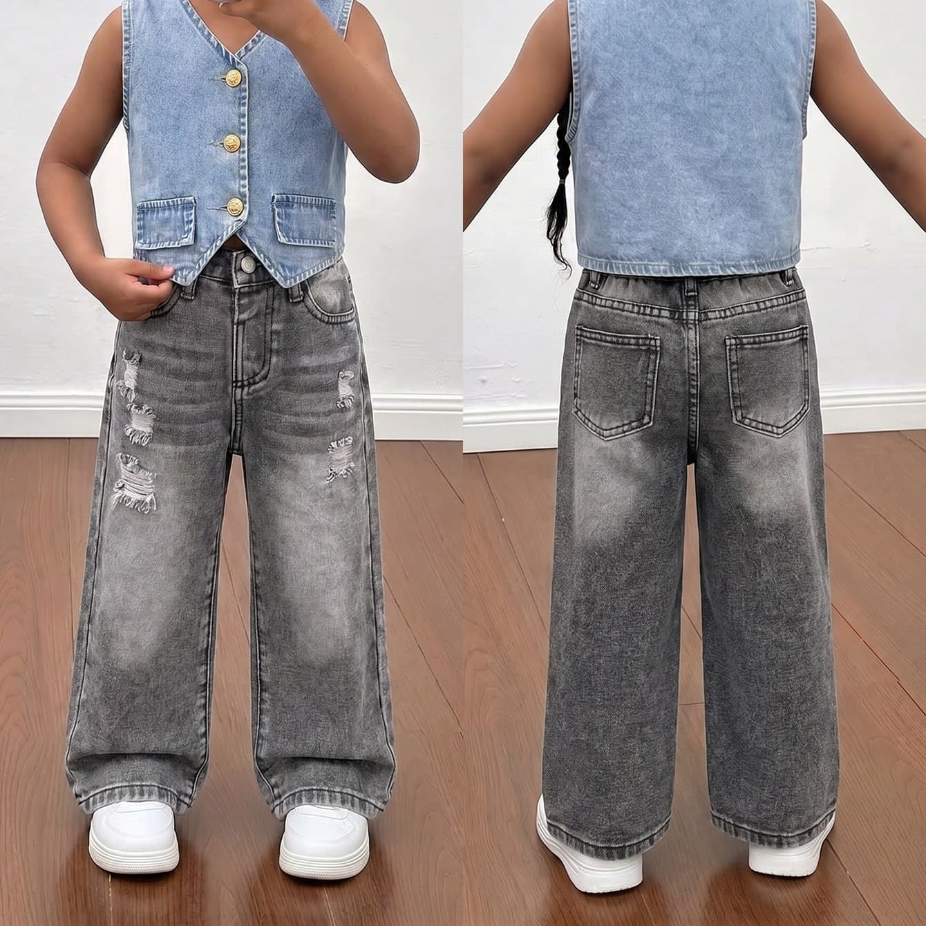 Cross-border Amazon foreign trade girls' washed ripped loose wide-leg straight casual jeans in stock