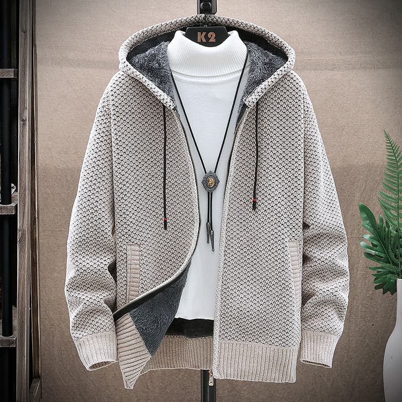2021 autumn and winter new style export fleece-lined sweater for men, fashionable large size hooded cardigan trendy zipper men's knitted shirt.