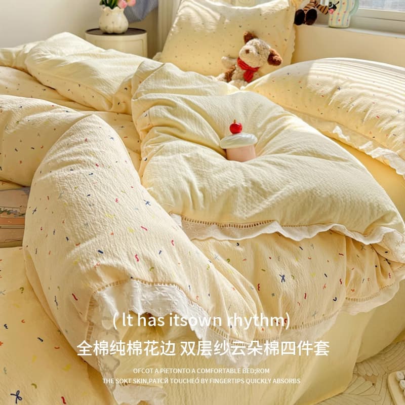 Class A Double-Layer Gauze Bedding Set 4-Piece Pure Cotton Full Cotton Duvet Cover Fitted Sheet Flat Sheet Single Dormitory 3-Piece 4