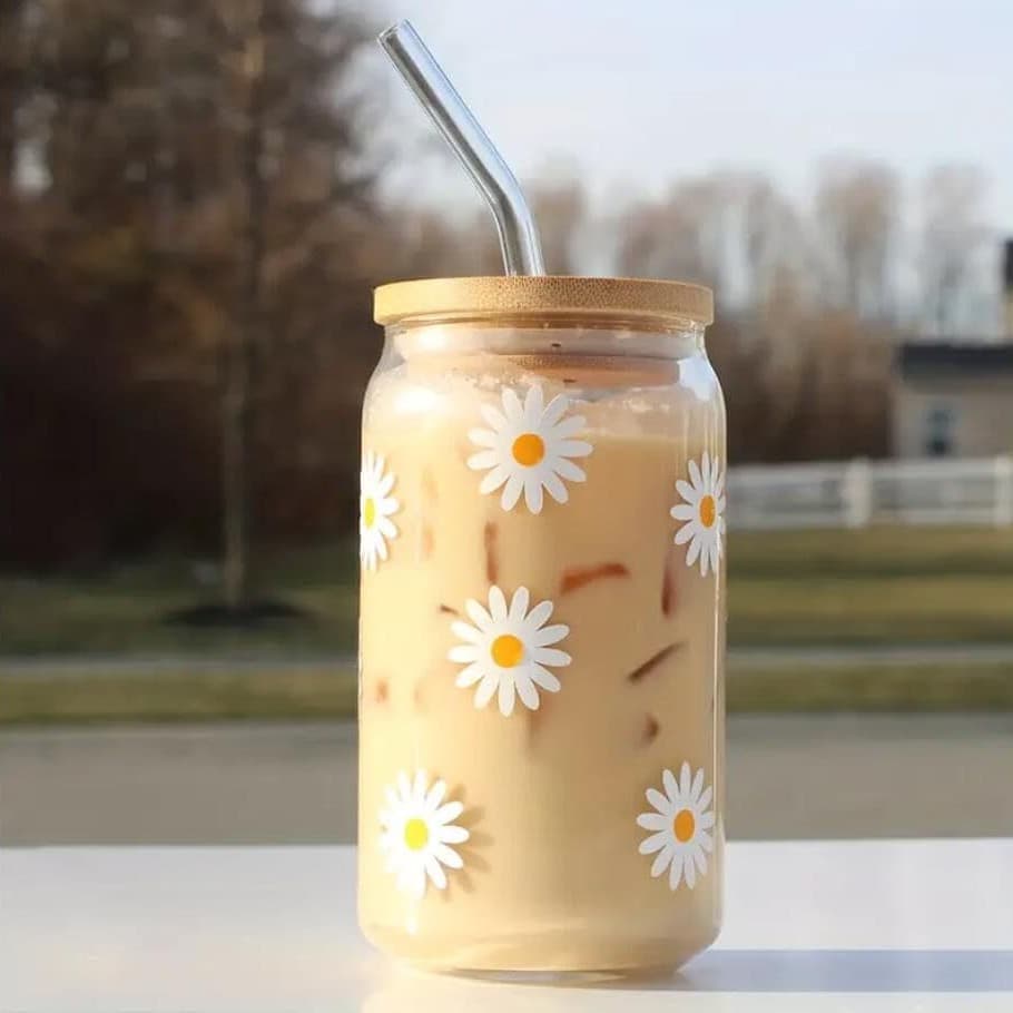 16oz Creative Cute Flower Series Cola Cup with Bamboo Lid, High Borosilicate Glass Cup, Large Capacity Straw Cup for Cross-Border
