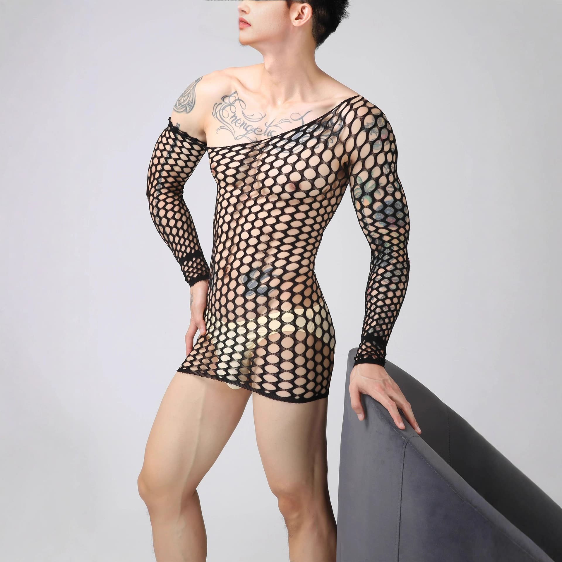 Sexy Long Sleeve One-Shoulder Lingerie Mesh Hollow-Out No-Need-To-Remove Bodycon Dress Backless Mesh Top