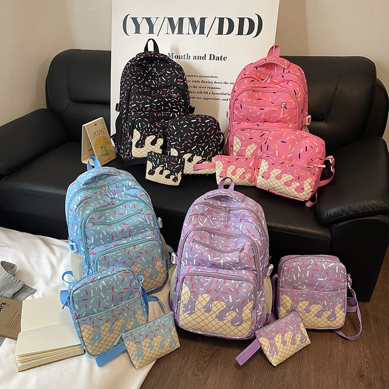 New Ice Cream Series 3-Piece Backpack Set, Girly School Style Backpack, Korean Sweet Double-Shoulder Bag, College Student