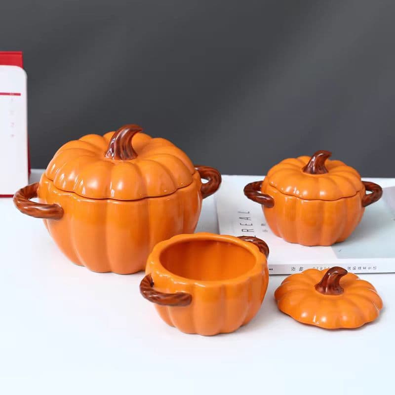 Ceramic Soup Bowl with Lid, Creative Pumpkin Soup Bowl, Home Use Large Serving Soup Basin, Double-Ear Noodle Bowl, Special for Luosifen Bowl