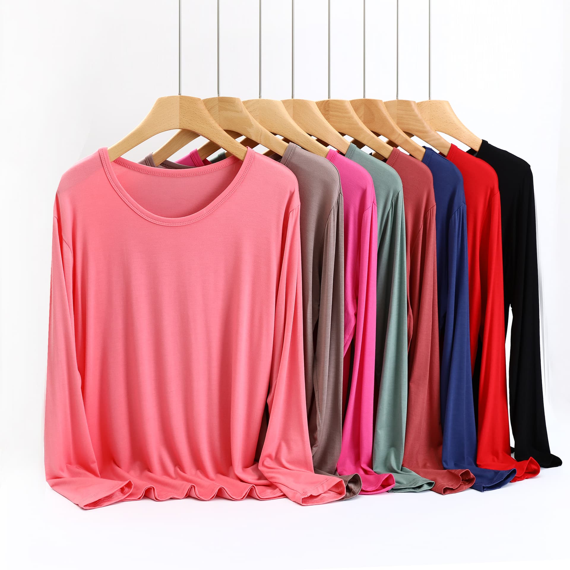 Women's Modal Stretch Long-Sleeve T-Shirt for Spring and Fall, Round Neck, Plus Size for Curvy Women