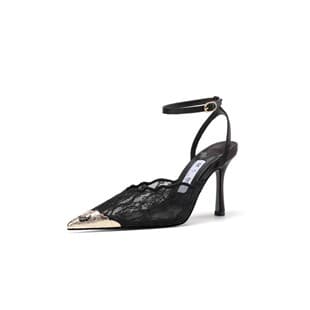 JC Style New Sexy Lace Thin Heel Gold Pointed Toe Sandals Women French Mesh High Heels Fashion Lace Hollow Out