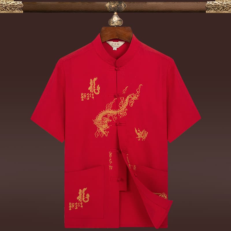 Casual Embroidered Shirt 2025 New Men's Middle-Aged and Elderly Dad Short Sleeve Loose Thin Chinese Style Tang Suit Short Sleeve