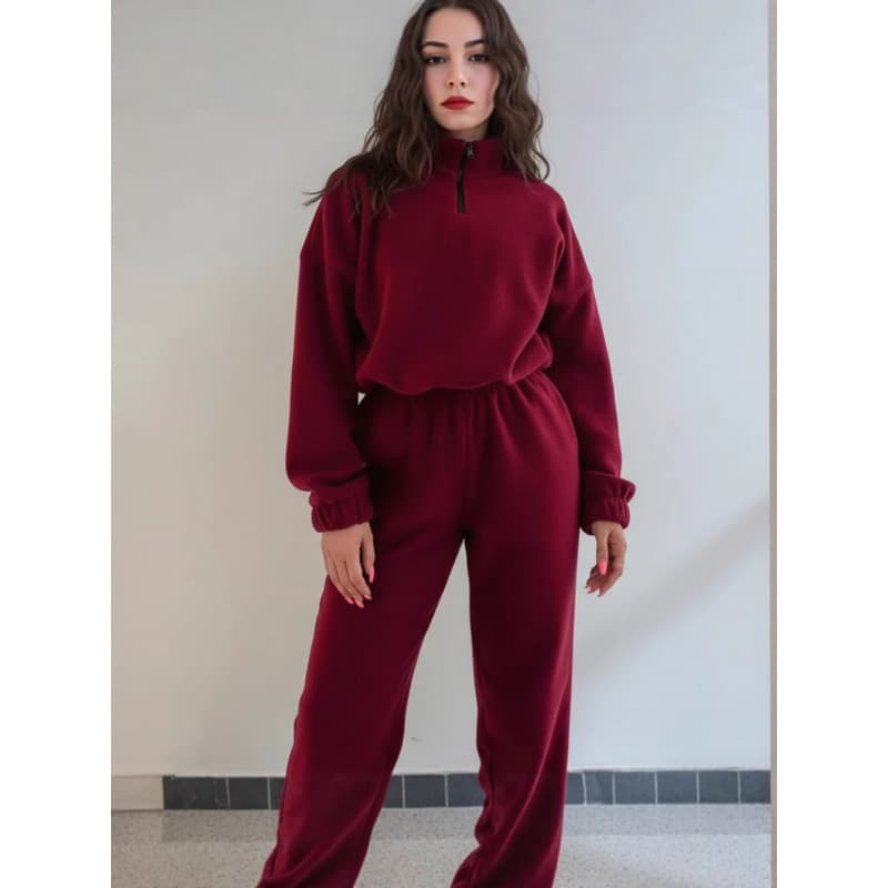Women's Fall/Winter Fashion Solid Color Loose Zip-Up Stand Collar Sweatshirt Casual Two-Piece Set