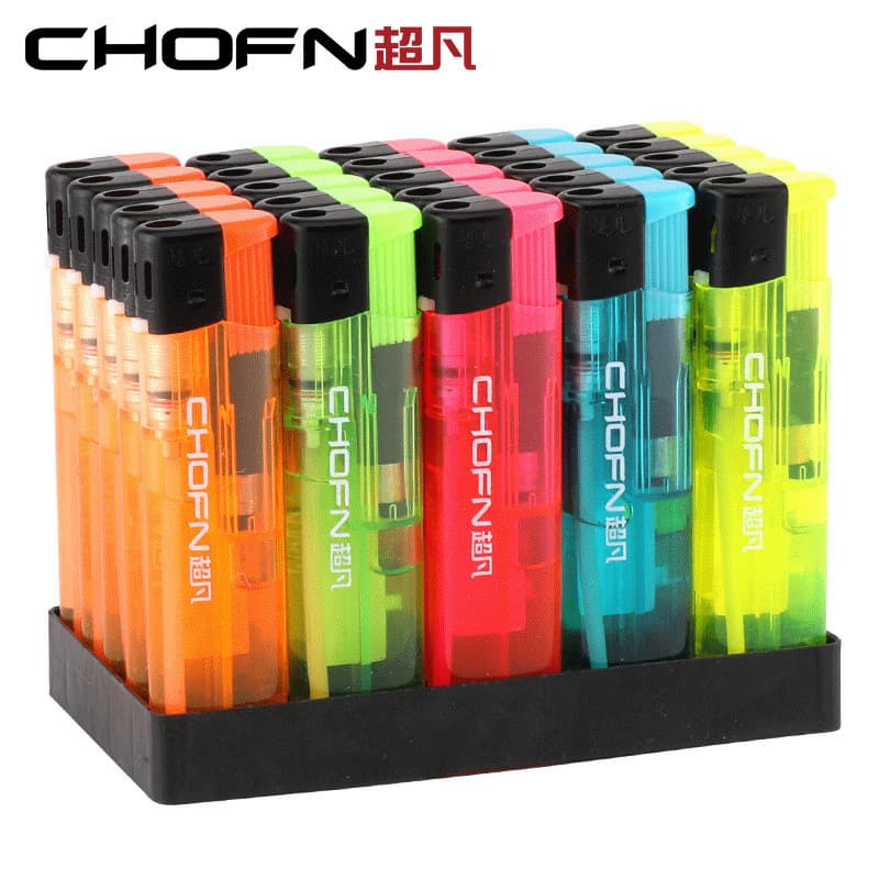 Chaofan open flame disposable lighters, compact and durable, household printed advertisements, supermarket wholesale in boxes, thickened version.