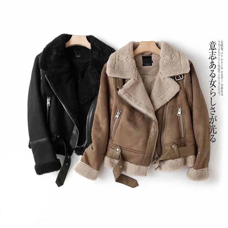 Long-term spot winter European and American clothing double-sided fur integrated deerskin velvet thickened windproof motorcycle jacket