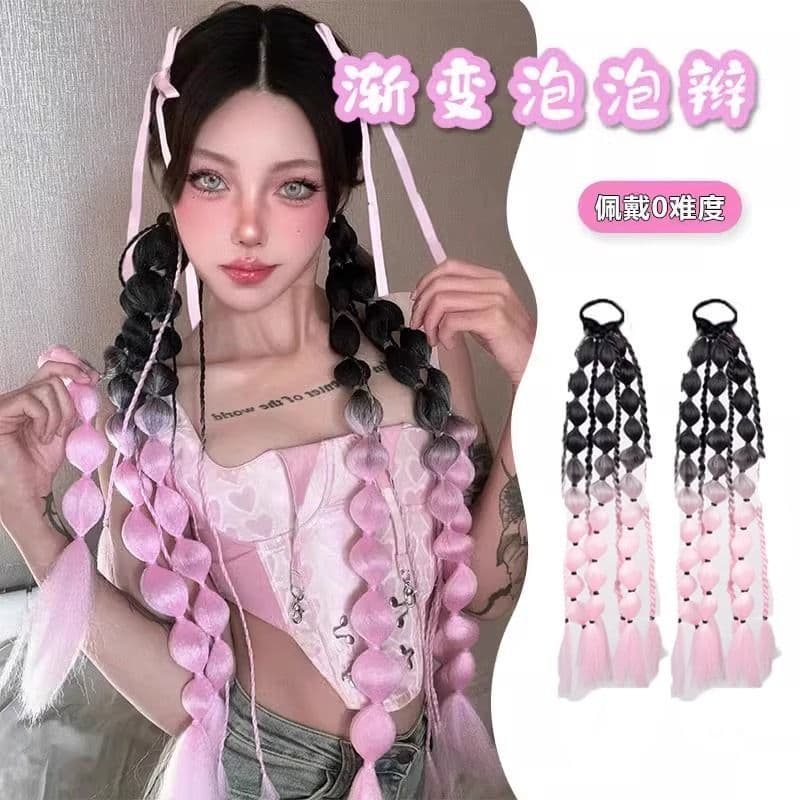 Fashionable colored gradient bubble braid three-strand hand-braided bubble ponytail wig for women, music festival hip-hop wig