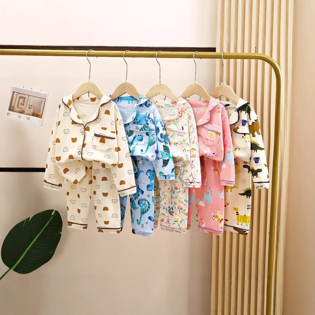Cotton Children's Pajamas Spring/Autumn Turn-Down Collar Long-Sleeve Boys' Homewear Set Loose Fit for Older Kids Girls Air Conditioning Wear