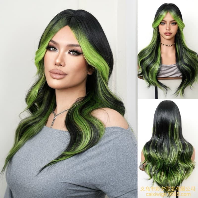 Wig female long hair full hood style internet celebrity cos simulated human hair highlighted lizard green medium parted large wavy long curly hair