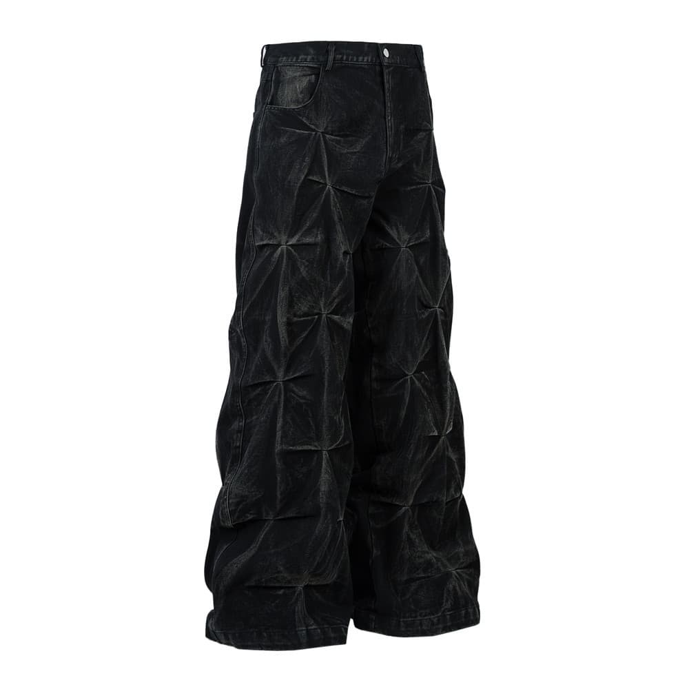 Heavy-duty pleated design tie-dye jeans for men, hip-hop trendy punk, old washed, loose wide-leg trousers
