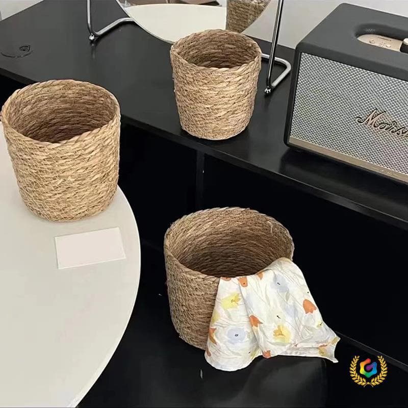 Straw-Woven Handmade Flower Basket Hug Bucket Sleeve Basket Desktop Decoration Vine Woven Flower Basket Green Plant Straw Woven Storage Basket Companion