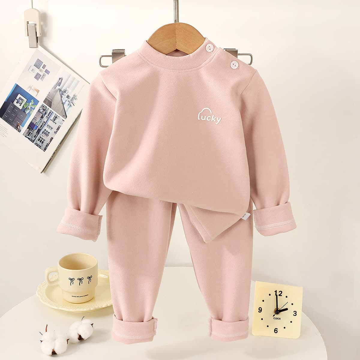 Kids Thermal Underwear Set Boys Girls Fleece-Lined Solid Color Homewear Baby Pajamas