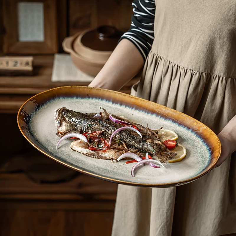 Kiln-Transformed Large Fish Plate Vintage Ceramic Serving Platter Wholesale Restaurant Oval Tray Storage Plate