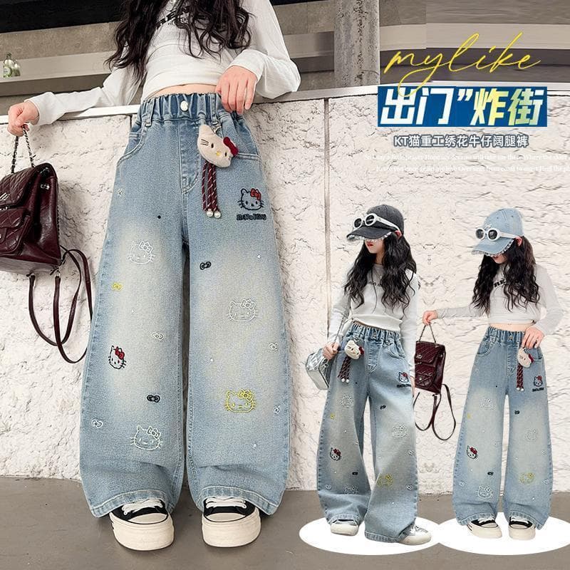 Girls Denim Jeans Spring Autumn Cartoon Wide Leg Pants Children's Fashionable Casual Cotton Trousers for Ages 8 And above
