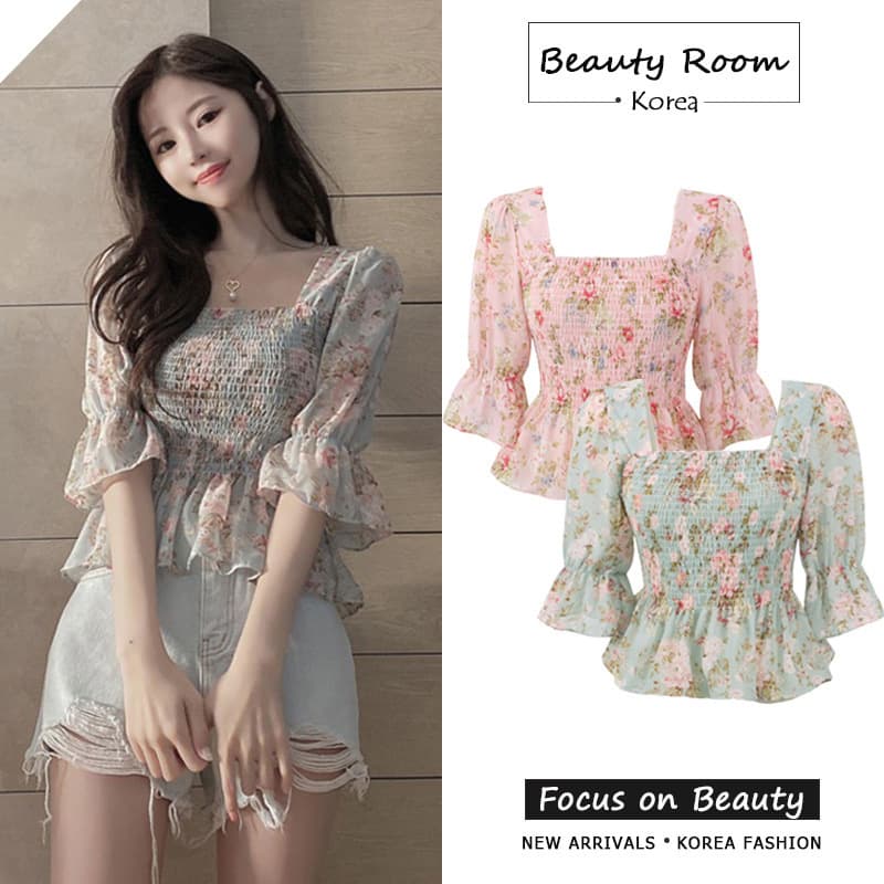 Korean sweet floral trumpet sleeve chiffon shirt top 2026 summer wrap chest and waist slimming short shirt for women