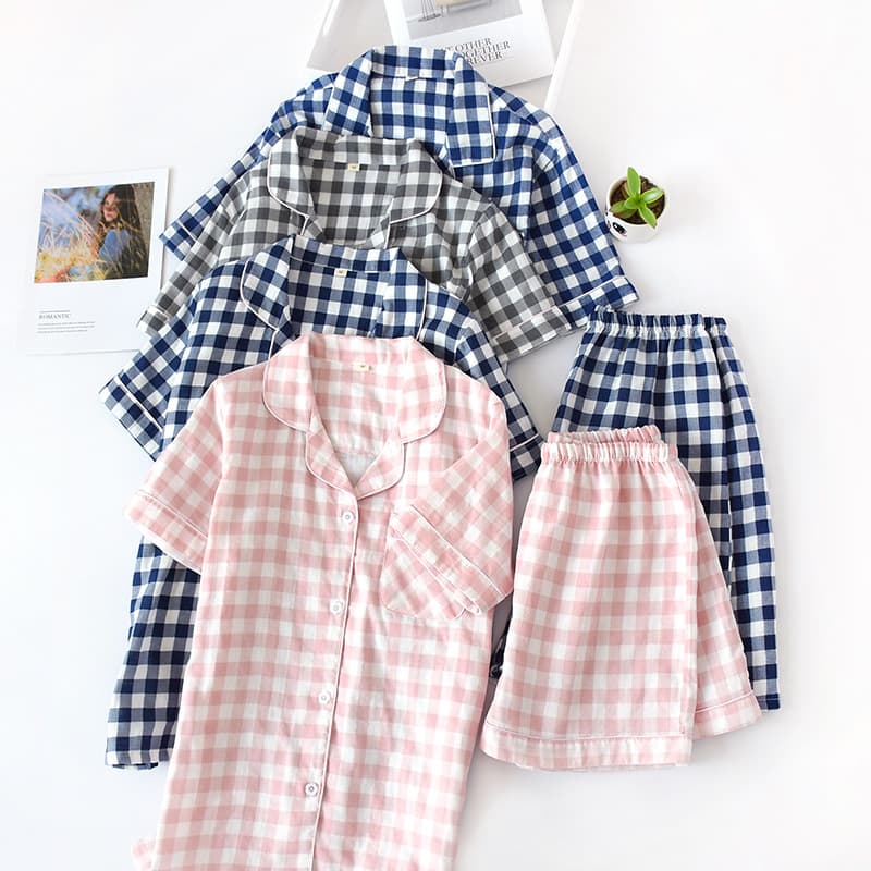 Summer Pajamas for Couples, Japanese Cotton Gauze Homewear, Thin Women's and Men's Casual Short Sleeve Shorts Set
