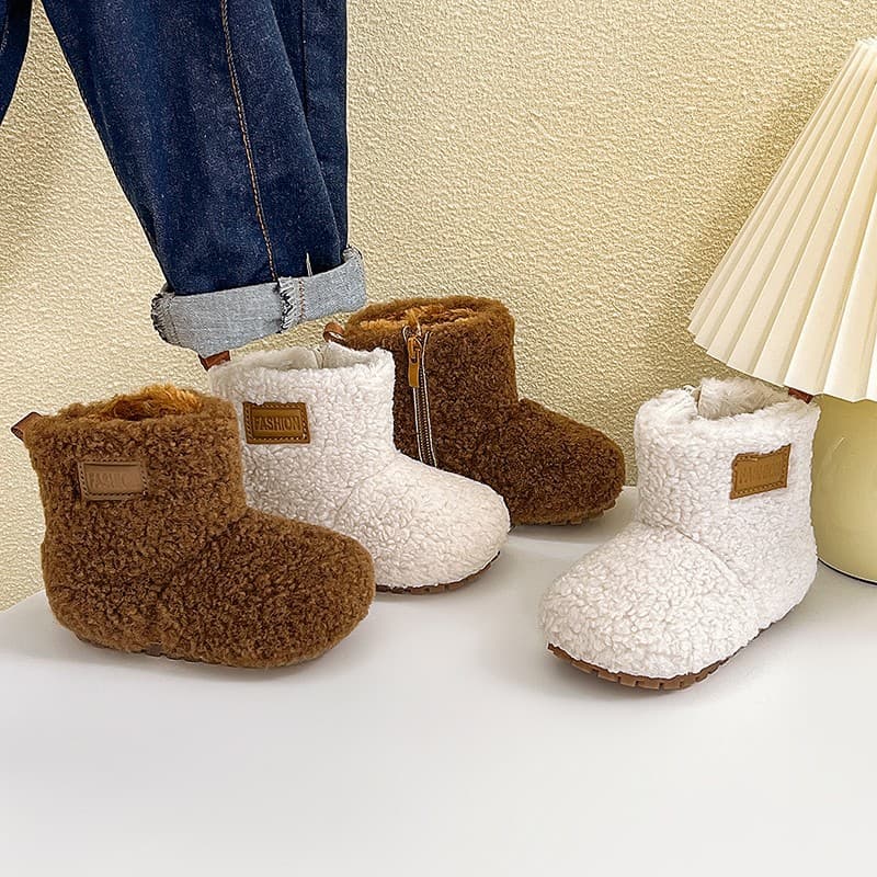Girls' Snow Boots Winter Fur Shoes Fleece-Lined Warm Two-Layer Cotton Little Girl Ankle Boots Retro Baby Cotton Boots Brown