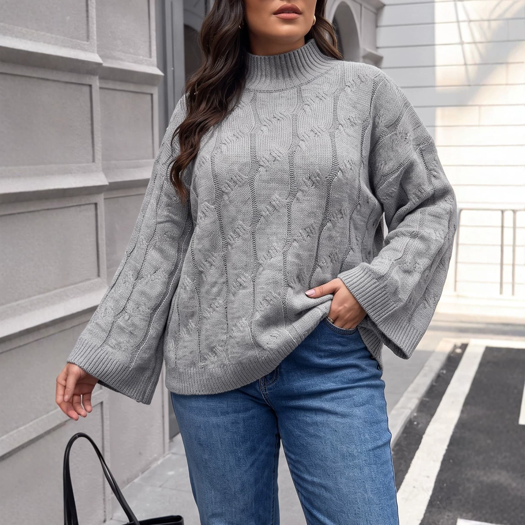 Cross-border European and American women's sweaters, loose pullovers, bell sleeves, half turtleneck, twist knitwear, large size autumn and winter women's clothing