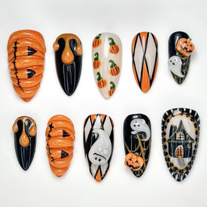 Halloween Cross-Border Europe and America 3D Pumpkin Funny Style Nail Art Cartoon Ghost New Almond-Shaped Press-On Nails 30 Pieces