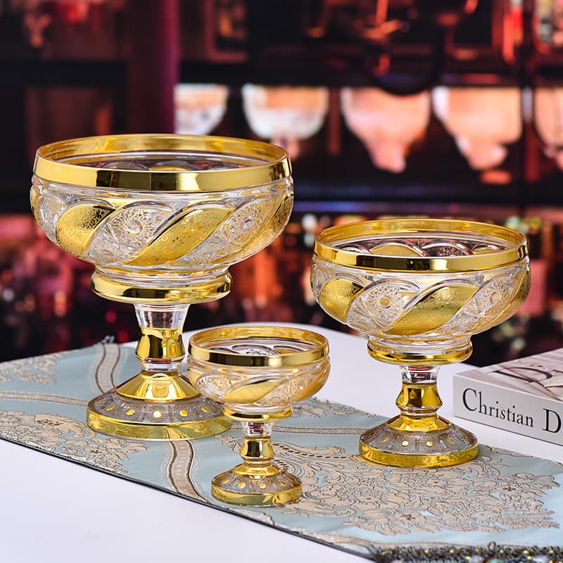 Crystal Glass Fruit Plate Gold-Plated Light Luxury Lotus Mouth A European-Style Relief High-End Tableware Decorative Plate Middle East Wholesale