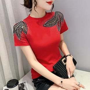 Cross-border European Station Spring/Summer New Short Sleeve Round Neck Fashion Hollow Lace Rhinestone Slim Fit T-Shirt for Women Drop Shipping