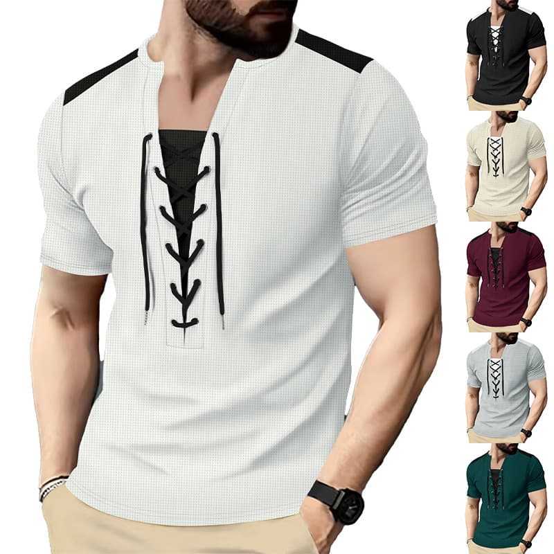 New Cross-border Amazon Men's Waffle Casual Color-block Drawstring Round Neck Short Sleeve T-shirt