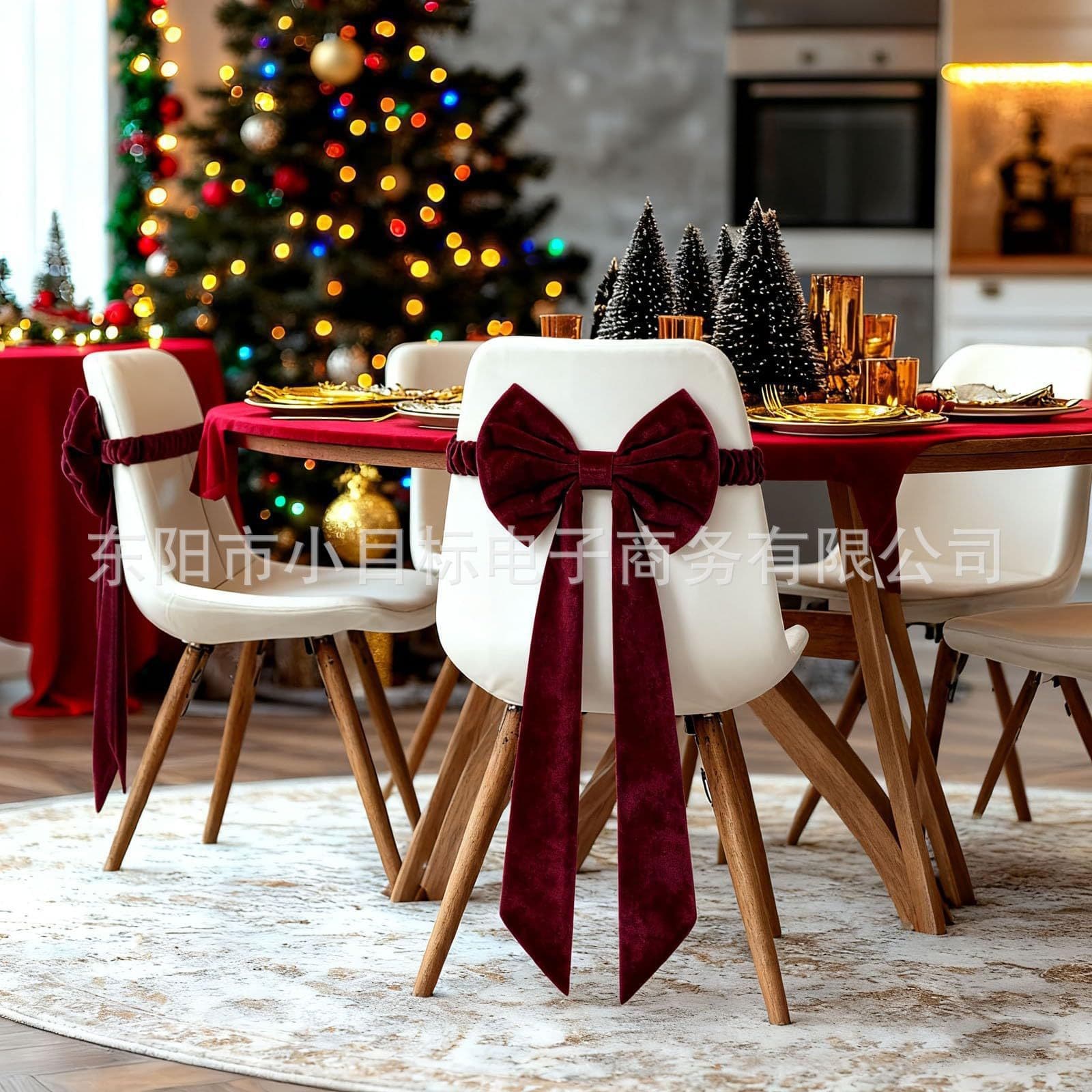 Cross-border Hot Burgundy Christmas Chair Bows Burgundy Velvet with Decorative Bow