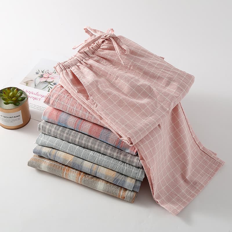 Washed Cotton Pyjama Pants Straight Leg Casual Plaid Sleepwear for Couples Men Women Spring Summer Autumn Comfortable Home Cloth