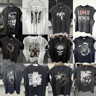 American Style New Hand-Distressed Heavy Wash Vest Heavy Faded Wash White Ink Direct Print Short Sleeve T-Shirt