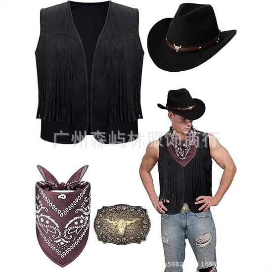 Cross-border Europe/US New Halloween 70s-80s Western Cowboy Men's Short Fringe Vest, Hippie Vest