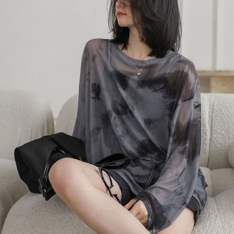 2024 New Loose-fit Korean Style Tie-dye Micro-translucent Mesh Sleeve T-shirt Stylish Sun Protection Base Layer Top Thin Women's