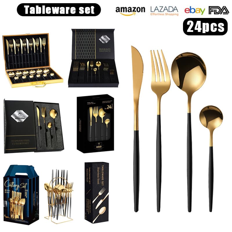 Cross-border hot-selling Portuguese stainless steel cutlery set 24-piece cutlery set gift box with titanium-plated gold western spoon