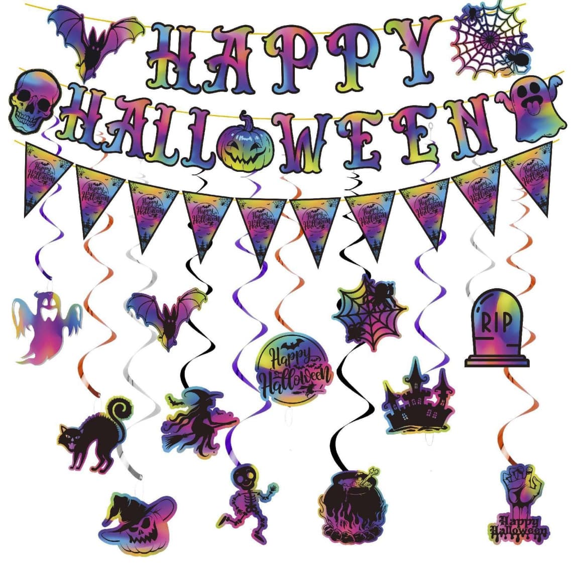 Halloween decoration supplies, flags and flowers, Happy Halloween pumpkins, spiders, bats, PVC spiral pendants