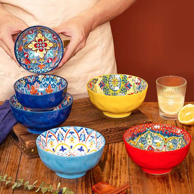 Bohemian Rice Bowl Home Creative Personalized Ceramic Bowl High Beauty Value Retro Noodle Bowl High Bowl Small Bowl for Eating