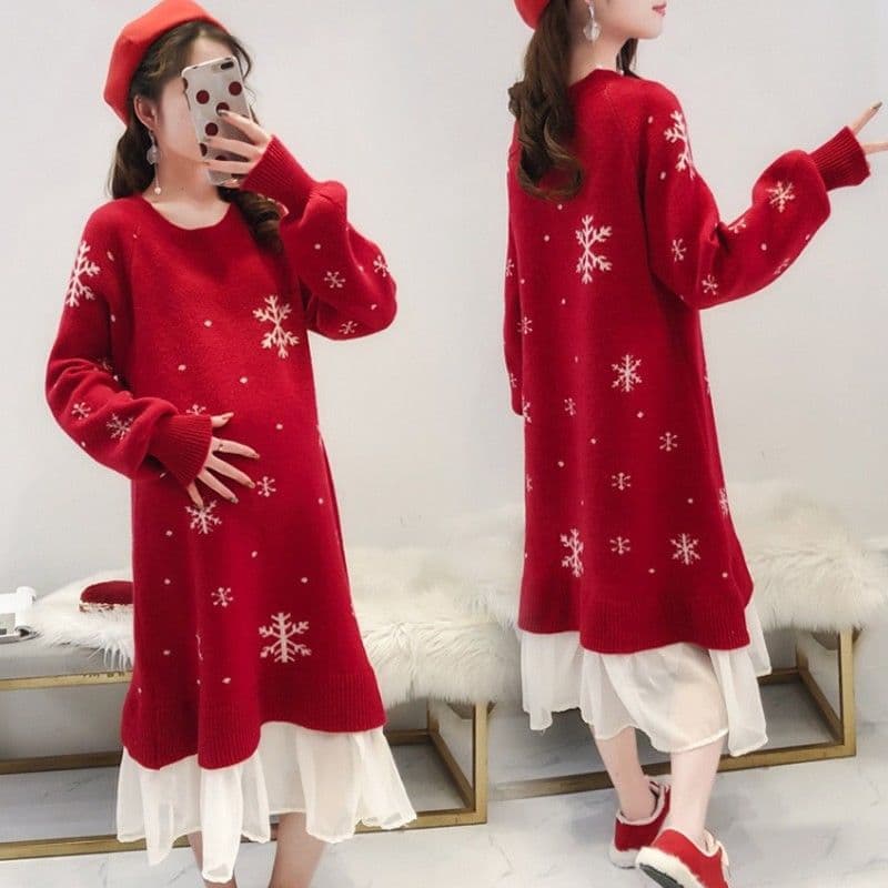 Thick, loose-fitting, mid-length red maternity sweater for winter, suitable for outerwear, autumn and winter maternity dress for women.