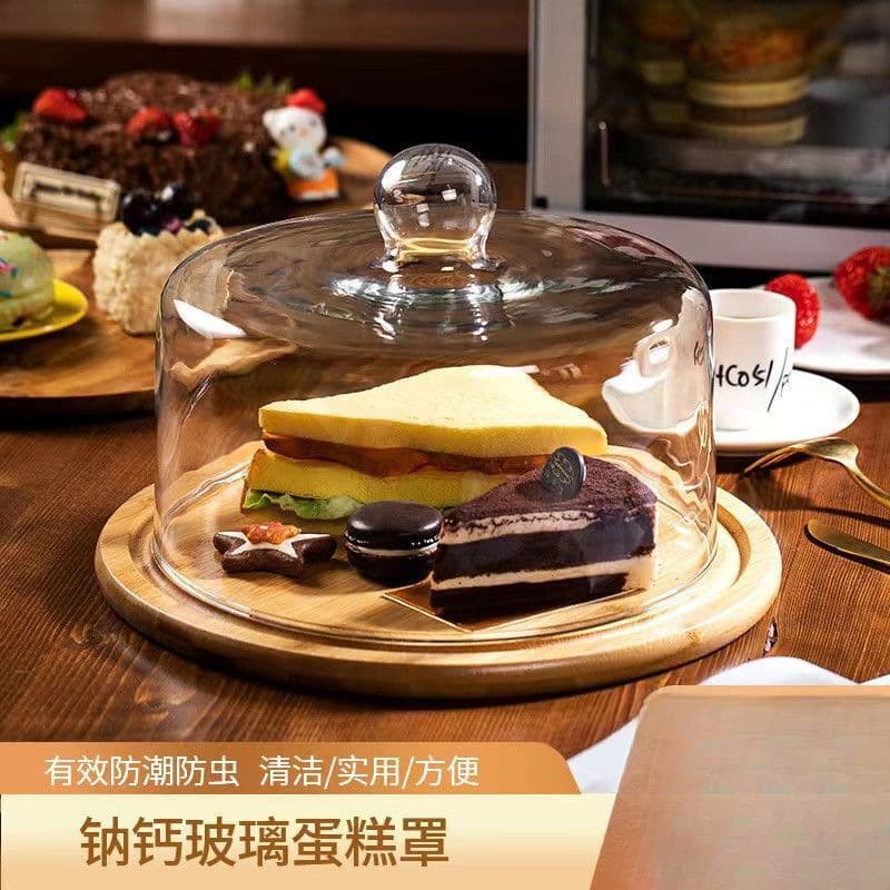 Transparent Glass Dome Cake Cover with Wooden Base, Pastry Tray, Fruit Dessert Plate