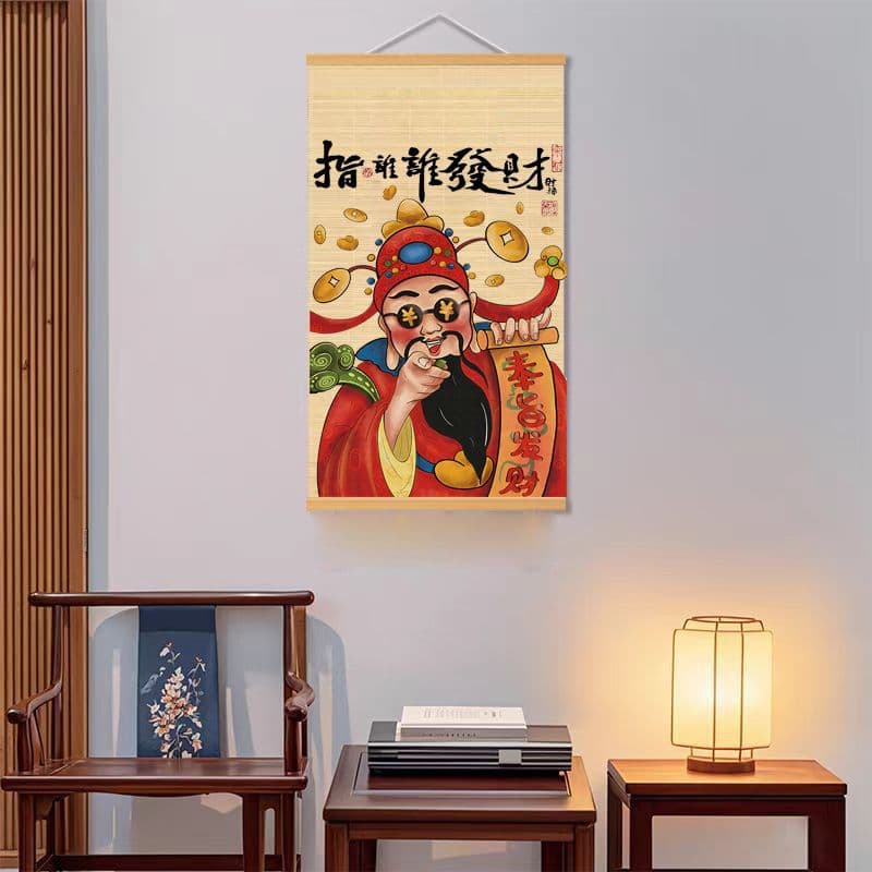Wealth Hanging Painting, Guochao God of Fortune Entryway Wall Art, Living Room Printed Bamboo Blinds, Tea Room Background, New Chinese-style